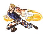  90s abs american_flag blonde_hair boots camouflage camouflage_legwear cross-laced_footwear dog_tags guile lace-up_boots male_focus military muscle solo sonic_boom street_fighter street_fighter_ii_(series) tattoo 
