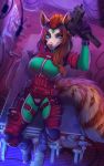  2018 5_fingers anthro breasts brown_hair canine clothed clothing detailed_background digital_media_(artwork) eyelashes female fluffy fluffy_tail green_eyes gun hair holding_object holding_weapon looking_at_viewer machine_gun mammal ranged_weapon smile solicia solo sorafoxyteils weapon 