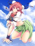  azusayumi_meme bad_id bad_pixiv_id bandages barefoot blush breasts chain chinese_clothes cloud cuffs day double_bun flower highres ibaraki_kasen large_breasts navel puffy_sleeves red_eyes red_hair rose short_hair short_sleeves sky solo touhou underboob 