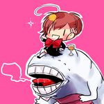  ahoge bow brown_hair chibi cup drinking_glass female_protagonist_(persona_3) glass ichimatsu_shiro nidhoggr_(megami_tensei) open_mouth persona persona_3 persona_3_portable short_hair smile sparkle teeth tongue wine_glass |_| 