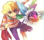  anger_vein angry bad_id bad_tumblr_id bag biting blonde_hair chatot fangs food gen_4_pokemon hamburger holding jun_(pokemon) lechuza mouth_hold pokemon pokemon_(creature) pokemon_(game) pokemon_dppt red_eyes sandwich scarf simple_background standing standing_on_one_leg winter_clothes 
