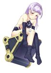  bare_shoulders black_gloves black_legwear blush busou_shinki eichisu elbow_gloves gloves purple_eyes purple_hair robot_joints sharatang_(busou_shinki) simple_background sitting sock_pull solo thighhighs white_background 