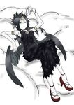  armband black_hair bracelet chains cloud clouds cross dress duel_monster emblem fabled_grimro feathers feet green_eyes high_heels jewelry laid_back looking lying necklace shoes tiara wings yu-gi-oh! 