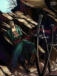  1boy boots crossed_arms eye_closed field_of_blades full_body green_hair haramaki leaning male male_focus male_only one_eye_closed one_piece open_clothes open_shirt outdoors robe rock roronoa_zoro sash scar shirt sky solo standing sword tree weapon wind worms_eye_view 