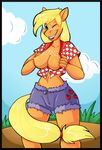  anthrofied apple applejack_(mlp) breasts clothed clothing cutie_mark equine female flashing freckles friendship_is_magic fruit hair horse invalid_tag looking_at_viewer mammal mane my_little_pony nipples one_eye_closed orange_nipples pony popesslodovica shirt shorts skimpy smile solo wink 