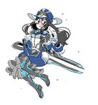  black_eyes black_hair blue_skirt blush boots cowboy_hat feeling_robe full_body glasses gun gunblade hat jumping long_hair looking_at_viewer mitsumoto_jouji nose_blush pale_skin phantasy_star phantasy_star_online_2 simple_background sketch skirt solo sword weapon white_background 