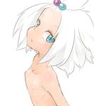  1girl absurdres animal_ears blue_eyes flat_chest fukurou_(owl222) gym_leader hair_bobbles hair_ornament head_tilt highres homika_(pokemon) looking_at_viewer nipples open_mouth pokemon pokemon_(game) pokemon_bw2 simple_background small_breasts solo sweat topknot topless white_background white_hair 