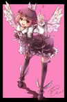  :d animal_ears bad_id bad_pixiv_id black_legwear breasts dress fingernails hat highres medium_breasts mystia_lorelei open_mouth pink_hair red_eyes sharp_fingernails short_hair smile solo thighhighs toor_0111 touhou wings 