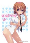  adjusting_eyewear breasts brown_hair cover cover_page dasoku_sentarou english glasses naked_shirt navel necktie original purple_eyes shirt short_hair small_breasts solo tongue tongue_out 