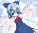  blue_eyes blue_hair bow cirno hands ice ice_wings kiira outstretched_arms ribbon short_hair smile solo touhou wings 