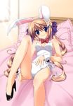  absurdres animal_ears bare_legs bed blue_eyes blush breasts brown_hair bunny_ears bunnysuit dog_hair_ornament frilled_pillow frills gotou_nao hair_ornament hand_on_own_stomach high_heels highres koiiro_soramoyou legs long_hair lying medium_breasts on_back pillow shinohara_sera shoes smile solo sunlight 