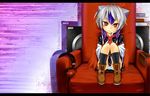  bad_id bad_pixiv_id belt bird_wings blue_hair book chair collarbone cross-laced_footwear easy_chair head_wings headphones highres horns knees_up long_sleeves looking_at_viewer mantarou_(shiawase_no_aoi_tori) multicolored_hair panties red_eyes short_hair silver_hair single_head_wing sitting smile solo speaker striped striped_panties tokiko_(touhou) touhou two-tone_hair underwear wings 