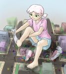  alloyrabbit barefoot car city crush destruction giantess green_eyes loli pigtails pink_hair shoe short_hair sitting skirt smile socks 