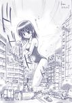  1girl bathsuit blush building bus car city cloud giantess grab grabbing kemo kneeling long_hair monochrome motor_vehicle outdoors school_rumble school_swimsuit sky swimsuit tree tsukamoto_yakumo vehicle 