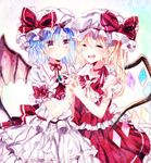  bad_id bad_pixiv_id blonde_hair blue_hair closed_eyes flandre_scarlet ginzuki_ringo hat heart heart-shaped_pupils highres holding_hands multiple_girls open_mouth red_eyes remilia_scarlet short_hair siblings sisters skirt skirt_set smile symbol-shaped_pupils touhou wings 