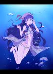  afloat artist_name bad_id bad_pixiv_id barefoot bespectacled bikini bubble dated dress glasses hat highres letterboxed long_hair patchouli_knowledge pink_eyes purple_hair shima_majin solo striped striped_bikini swimsuit touhou underwater 