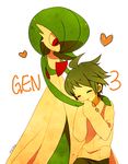  bad_id bad_pixiv_id closed_eyes gardevoir gen_3_pokemon green_hair height_difference mitsuru_(pokemon) pikiru pokemon pokemon_(creature) pokemon_(game) pokemon_rse short_hair signature simple_background 