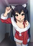  :d animal_ears black_hair blush brown_eyes cat_ears downblouse hairband highres k-on! leaning_forward long_hair looking_at_viewer nakano_azusa off_shoulder open_mouth round_teeth ryunnu santa_costume smile solo teeth thighhighs twintails very_long_hair white_legwear zettai_ryouiki 
