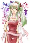  :d blush breasts cape chiki cleavage dress fire_emblem fire_emblem:_kakusei fire_emblem:_monshou_no_nazo green_eyes green_hair hair_ornament hair_ribbon high_ponytail long_hair mamkute medium_breasts open_mouth orikoshi_shino pointy_ears ribbon side_slit sketch smile solo 