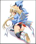  1girl anaglyph aruma_(shinrabanshou) ass blonde_hair character_request elbow_gloves from_behind gloves higuchi_isami long_hair looking_back red_eyes shinrabanshou slit_pupils solo white_background 