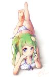  ass bad_id bad_pixiv_id barefoot bikini blue_eyes breasts cleavage feet frog_hair_ornament full_body green_hair hair_ornament highres kochiya_sanae long_hair medium_breasts polka_dot polka_dot_bikini polka_dot_swimsuit side_ponytail signature simple_background smile solo swimsuit toor_0111 touhou white_background 