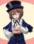  blush breasts brown_hair green_eyes hat one_eye_closed open_mouth rozen_maiden short_hair small_breasts smile souseiseki takumi_(rozen_garten) tsundere 