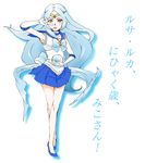  ana_(anarock) back_bow bare_legs bishoujo_senshi_sailor_moon blue_choker blue_hair blue_sailor_collar blue_skirt bow choker cosplay elbow_gloves gloves highres long_hair luca_(seiken_densetsu) magical_girl red_eyes sailor_collar sailor_mercury sailor_mercury_(cosplay) sailor_senshi_uniform seiken_densetsu seiken_densetsu_2 skirt solo sphere tiara translation_request v v_over_eye very_long_hair white_gloves 