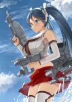  1girl blue_hair blue_sky brown_neckerchief cloud cowboy_shot detached_sleeves green_eyes gun isuzu_(kancolle) isuzu_kai_ni_(kancolle) kantai_collection long_hair machinery mayura2002 midriff neckerchief pleated_skirt red_skirt sailor_collar school_uniform serafuku skirt sky smokestack solo thighhighs twintails weapon white_legwear white_sailor_collar 