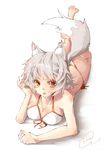 animal_ears bad_id bad_pixiv_id barefoot bikini breasts brown_eyes cleavage fang feet full_body highres inubashiri_momiji lying medium_breasts on_stomach short_hair signature silver_hair simple_background solo swimsuit tail toor_0111 touhou white_background white_bikini wolf_ears wolf_tail 