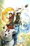  2boys armlet avatar_(series) black_hair blue_eyes bolin brown_hair dark_skin fire green_eyes hair_tubes highres korra long_hair mako_(avatar) multiple_boys naga_(avatar) pabu pabu_(avatar) polar_bear_dog ponytail red_panda rock the_legend_of_korra topknot vambraces water wenqing_yan yellow_eyes 