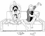  2boys barefoot couch lowres male male_focus monkey_d_luffy monochrome mouth_hold multiple_boys one_piece open_mouth roronoa_zoro shirt shorts sitting striped striped_shirt t-shirt triple_wielding wii 