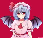  ascot bad_id bad_pixiv_id bat_wings blue_hair collarbone dated hat hat_ribbon puffy_sleeves red_background red_eyes remilia_scarlet ribbon short_hair short_sleeves smile solo touhou wings yagura_miketa 