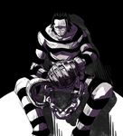  1boy amputee chains full_body grin hook impel_down looking_at_viewer male male_focus monochrome one_piece pants prison_clothes prisoner scar shirt sir_crocodile sitting smile solo striped striped_pants striped_shirt teeth 