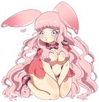  1girl animal_ears bad_deviantart_id bad_id bare_legs blue_eyes blush_stickers breast_grab breasts bunny_ears chibi cleavage goo_girl grabbing large_breasts melona monster_girl navel open_mouth pink_hair plump prehensile_hair queen's_blade revealing_clothes solo tobori 