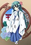  absurdres ahoge alternate_costume animal_print bad_id bad_pixiv_id bird bird_print blue_hakama chihaya_(clothing) crane_(animal) flower frog_hair_ornament full_body green_eyes green_hair hair_flower hair_ornament hair_tubes hakama highres hydrangea japanese_clothes kochiya_sanae leaf long_hair miko sakuraba_hikaru_(loveindog) sandals sleeves_past_wrists snake_hair_ornament solo tabi torii touhou very_long_hair wide_sleeves 