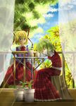 absurdres arm_rest arms_behind_back beam blonde_hair blue_eyes blue_sky boki_god chair closed_eyes cloud curtains day dress_shirt flower flower_pot green_hair hair_ribbon head_rest highres kazami_yuuka light_rays lily_of_the_valley long_sleeves looking_at_another medicine_melancholy multiple_girls plaid plaid_skirt plaid_vest plant porch potted_plant ribbon shirt short_hair sitting skirt sky sleeping sunbeam sunflower sunlight table touhou veranda vest wooden_floor 