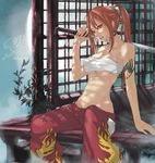  arms_up bare_shoulders barefoot bow breasts earrings erza_scarlet fairy_tail hair_bow hakama highres japanese_clothes jewelry long_hair medium_breasts navel nyami ponytail red_eyes red_hair red_hakama sarashi sitting solo sword tattoo underboob weapon 