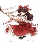  bow brown_hair detached_sleeves gohei hair_bow hair_tubes hakurei_reimu long_hair ofuda petals red_eyes siroooo solo squatting touhou 