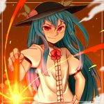  blue_hair daitai_konna_kanji food fruit hand_on_hip hat hinanawi_tenshi holding long_hair peach red_eyes smile solo sword_of_hisou touhou 