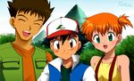  2boys black_hair brown_eyes brown_hair closed_eyes green_eyes hat jacket kasumi_(pokemon) laura_jimenez mountain multiple_boys orange_hair pokemon pokemon_(anime) pokemon_(classic_anime) satoshi_(pokemon) short_hair side_ponytail takeshi_(pokemon) tree vest 