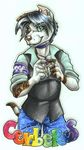  anthro badge canine cerberus cerberus_(character) collar dog female green_eyes mammal plain_background smile solo stripe white_background wielder 