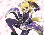  :d animal_ears blonde_hair breasts cherry_blossoms dog_days fang fingerless_gloves fox_ears fox_tail gloves green_eyes hair_ribbon hairu jewelry large_breasts long_hair necklace open_mouth ponytail ribbon smile solo tail yukikaze_panettone 
