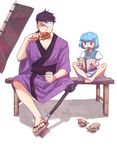  1girl bandages banner barefoot bench black_hair blue_eyes blue_hair book chamaruku eating flag food geta heterochromia japanese_clothes karakasa_obake mouth_hold nobori one_eye_covered open_mouth personification prosthesis prosthetic_leg reading red_eyes scar shoes_removed short_hair sitting skirt tatara_kogasa tatara_kogasa_(umbrella) touhou umbrella vest 