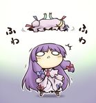  1girl :&lt; blush bow chibi crescent dress hair_bow hat hat_removed headwear_removed long_hair nekoguruma o_o outline patchouli_knowledge purple_hair solo touhou translated 