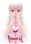  between_breasts blood blood_on_fingers bloody_clothes breasts cleavage colored_eyelashes commentary_request copyright_name cover covering_face covering_mouth hands_on_own_face hazuki_(etcxetc) large_breasts long_hair looking_at_viewer nosebleed original red_eyes solo white_background white_hair 
