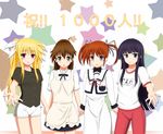  apron black_hair blonde_hair blush bow brown_eyes brown_hair check_translation crossover fate_testarossa gym_uniform hair_bow hair_ribbon highres holding_hands long_hair lyrical_nanoha mahou_shoujo_lyrical_nanoha multiple_girls outstretched_hand pants ponytail purple_eyes red_eyes ribbon school_uniform seishou_elementary_school_uniform short_twintails shorts skirt smile takamachi_nanoha taneshima_popura tom-ani track_pants translated translation_request twintails wagnaria_uniform working!! yamada_aoi 