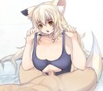  1girl animal_ears blonde_hair breasts censored fox_ears fox_tail fuyu huge_breasts long_hair one-piece_swimsuit open_mouth original paizuri paizuri_under_clothes penis penis_under_clothes plump swimsuit tail tub upper_body water yellow_eyes 