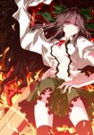  arm_cannon black_legwear black_wings bow breasts brown_eyes brown_hair cape fire hair_bow highres isa long_hair medium_breasts no_bra open_clothes open_shirt red_eyes reiuji_utsuho shirt skirt smile solo thighhighs third_eye touhou weapon wings 