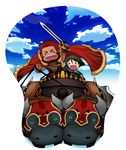  armor beard black_hair breast_mousepad bull cape chariot chibi facial_hair fate/zero fate_(series) gordius_wheel kikuyarou male_focus mousepad multiple_boys parody pointing red_hair reins rider_(fate/zero) sword waver_velvet weapon 