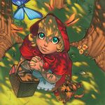  basket blonde_hair blue_eyes bug bulleta butterfly cloak dog dress forest freckles grass harry_(vampire) hood insect nature red_dress solo tree vampire_(game) zurdom 